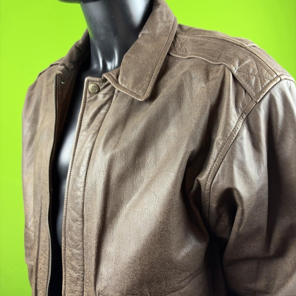 VTG ROUNDTREE & YORKE Brown Genuine Leather Bomber Jacket Mens L Map-Lined Y2K